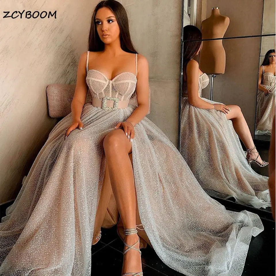 2022 Champagne Sparkling Sequin Evening Dresses Long A-Line Sweetheart Spaghetti Straps Sexy Split Prom Dress Formal Party Gowns
