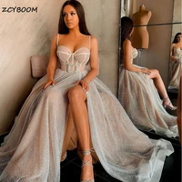 2022 champagne sparkling sequin evening dresses long a line sweetheart spaghetti straps sexy split prom dress formal party gowns