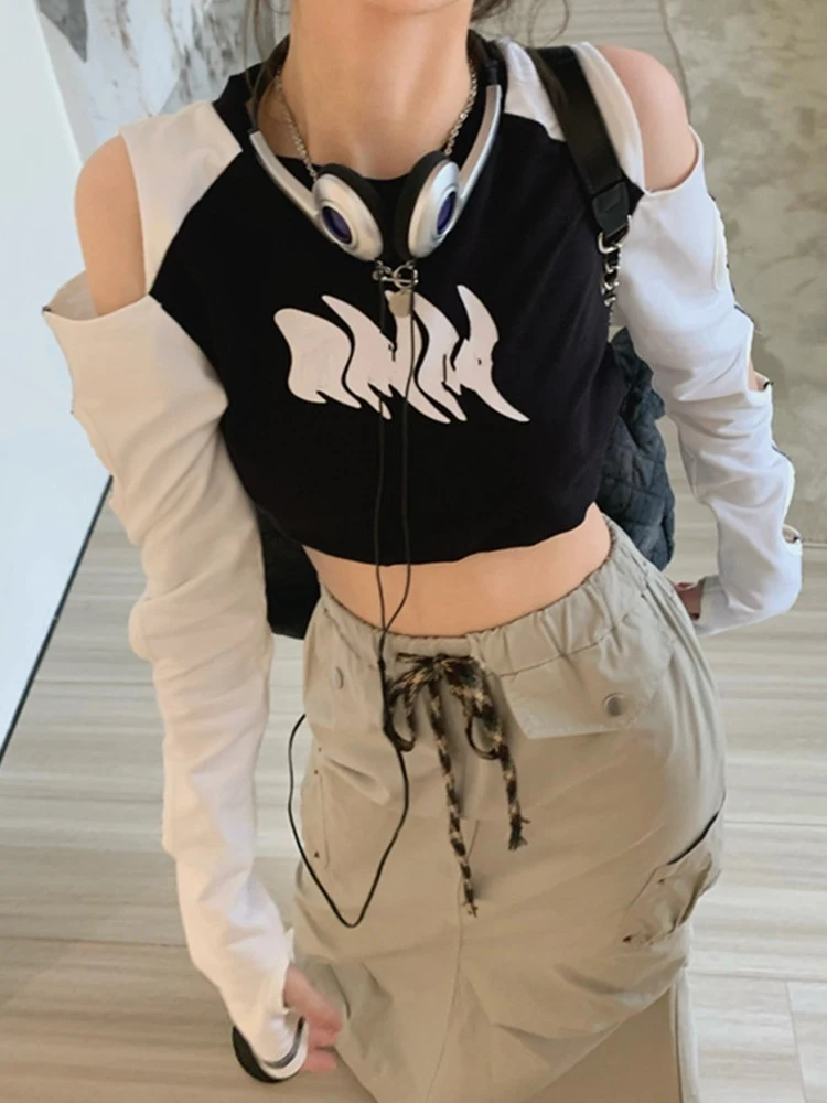 

Топ женский летний с открытыми плечами, пикантная модная блуза контрастных цветов, ажурный облегающий уличный Топ в стиле Харадзюку, Y2k