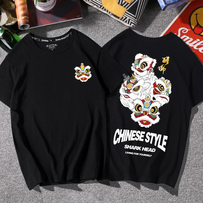 

J GIRLS Harajuku Lion Head Dance Print Men Tshirt Chinese Punk Style Cotton Brief Oversized Youth All-Match Hip Hop Streetwear
