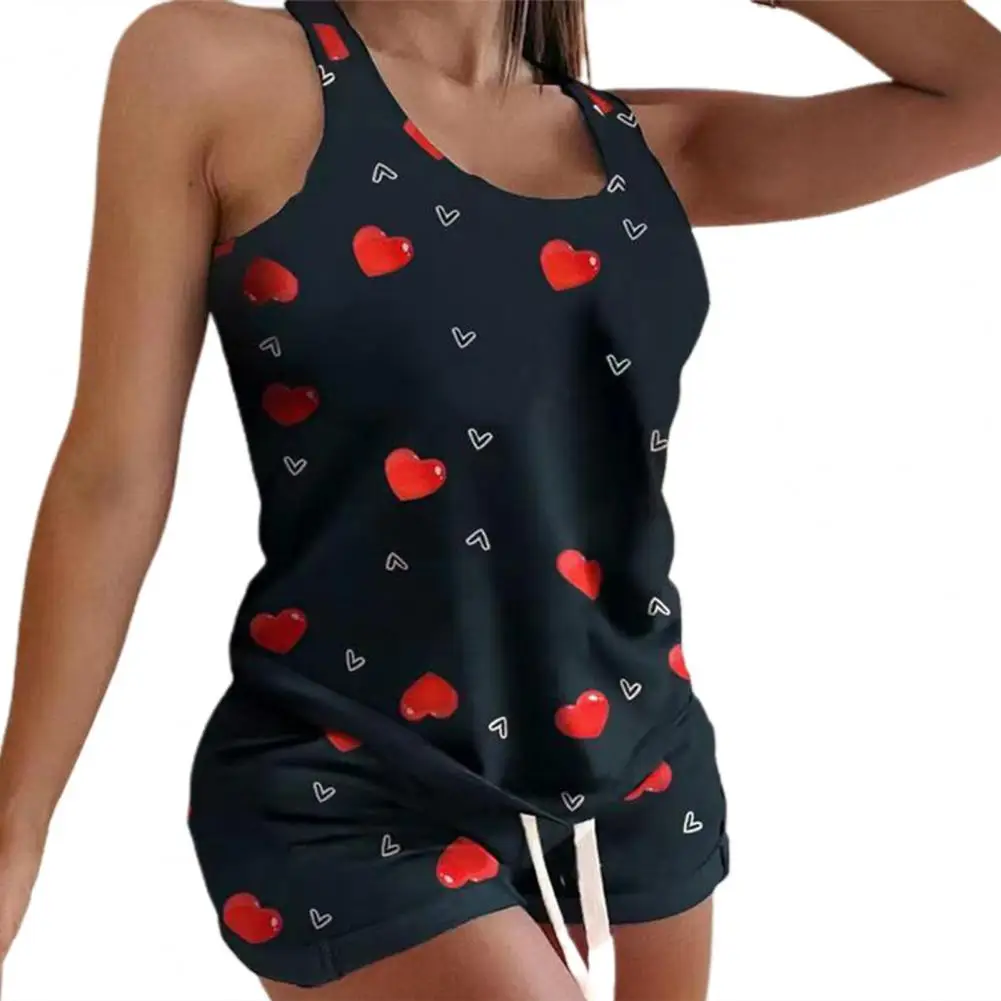 

2Pcs/Set Women Outfit Vest Shorts Sleeveless Top Set Round Neck Summer Slim Splicing Camisole Shorts Set Home Suits