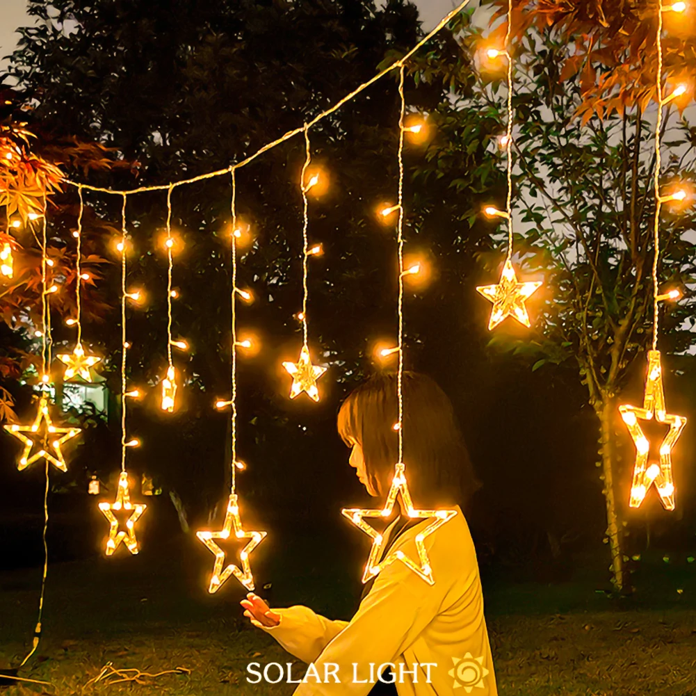 

Solar Powered LED Curtain Lights with Stars Moons Dimmable 8 Lighting Modes with Timer Twinkle String Light