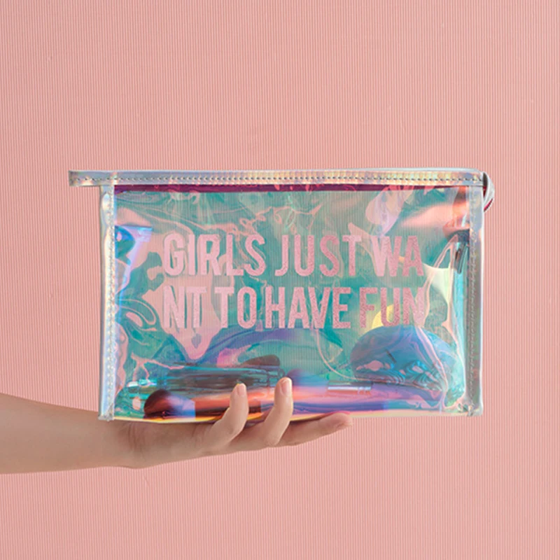 

Transparent Pretty Makeup Bags Fashion Laser Travel Cosmetic Bag Toiletry Brush Bags Organizer Necessary Case Wash Make Up Box