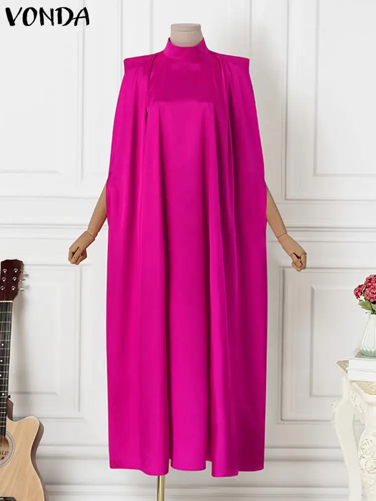 VONDA 5XL Plus Size Women Dress Stand Collar Elegant Satin Dress 2023 Long Bat Sleeve Evening Pleated Maxi Sundress Casual Robe