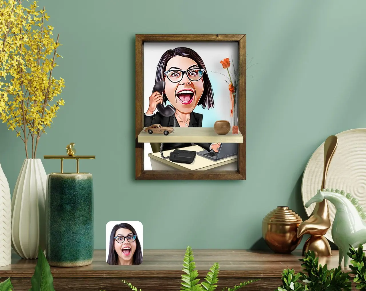 

Personalized Women 'S Assistant Caricature Of Natural Solid Wood Frame Table Wall Rafı-1