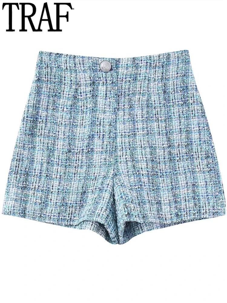 

Женские клетчатые твидовые шорты-бермуды с высокой талией