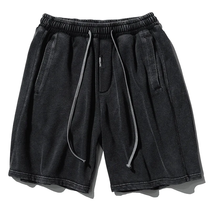 

New Summer Distressed Shorts Men's Japanese Washed Retro Streetwear Black Loose Casual Drawstring Elastic Waist Short Sweatpants