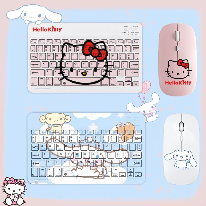 Sanrio Hello Kitty Kuromi Cinnamoroll Wireless Bluetooth Keyboard Set Cartoon Animation Charging Portable Laptop Mouse Keyboard