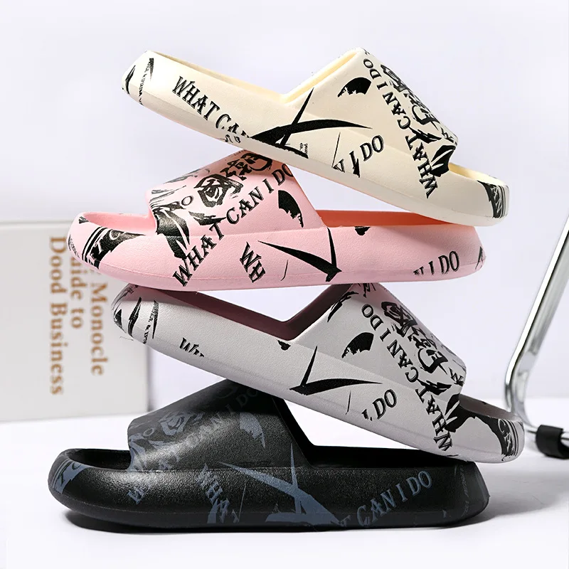 

Women Men's Summer Slippers Graffiti Beach Slide Sandals Flip Flops Non-slip Thick Soled Couple Home Indoor Bath Shoes Men