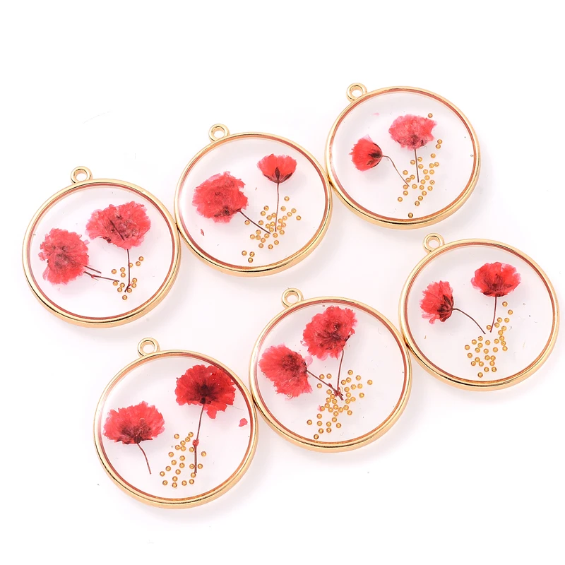 

Wholesale 2Pcs Charm Transparent Round Dried Flower Pendant Fashion Red Dried Flower Pendant For Jewelry Making Necklace Earring
