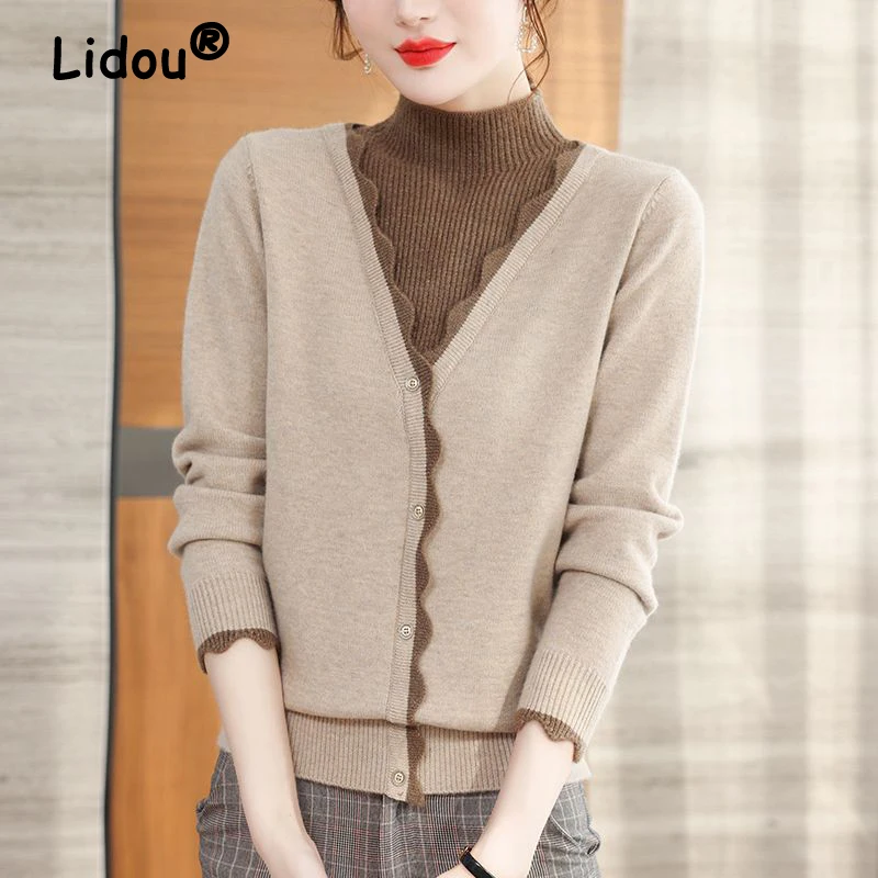 

Осенне-зимний элегантный базовый вязаный свитер из двух предметов с воротником-стойкой и длинным рукавом, Женский пуловер, топ, джемпер, жен...