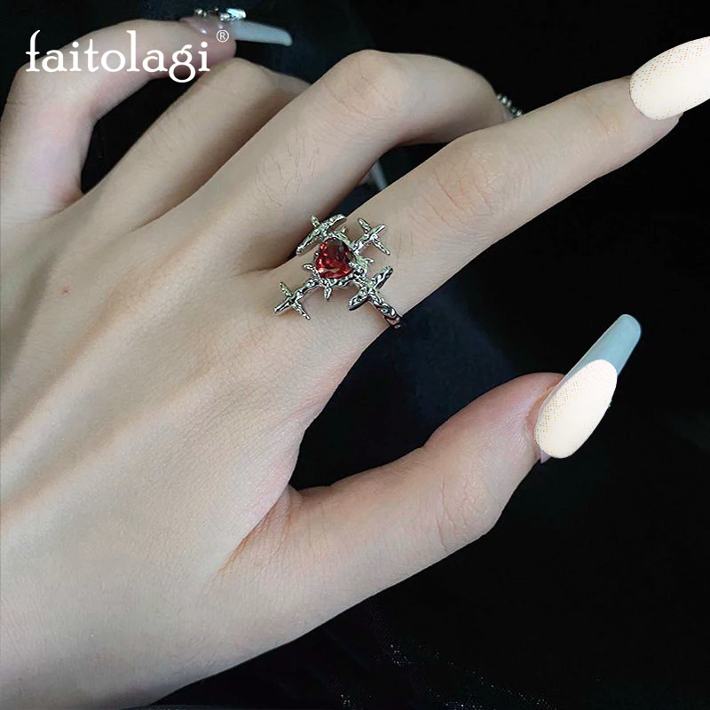 

Y2K Red Cross Heart Rings Gothic Irregular Cross Crystal Love Open Ring Goth Aesthetic Geometric Rings Egirl Grunge Jewelry Gift