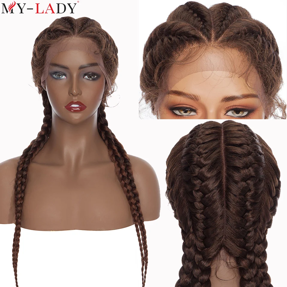 My-Lady Synthetic 24inch Cornrow Braids Wig With Baby Hair Double Dutch Braid Lace Front Wig For Black Women Wholesale Afro Wig