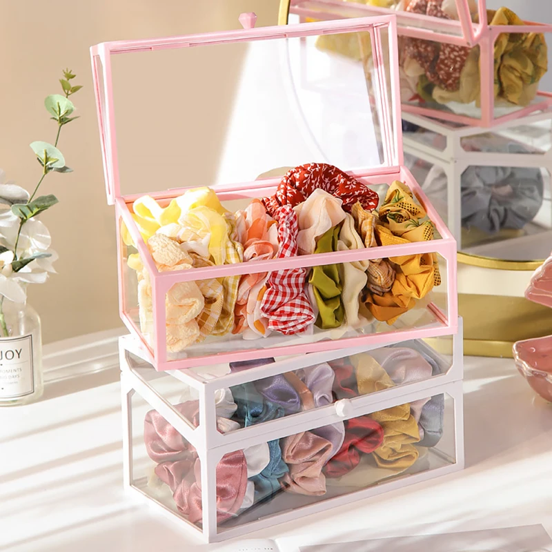 

Tuya Jewelry Dressing Box Hair Ring Syle Dust Proof Transparent Glass Net Web Celebrity Korean Hairpin Head Rope Storage Boxes