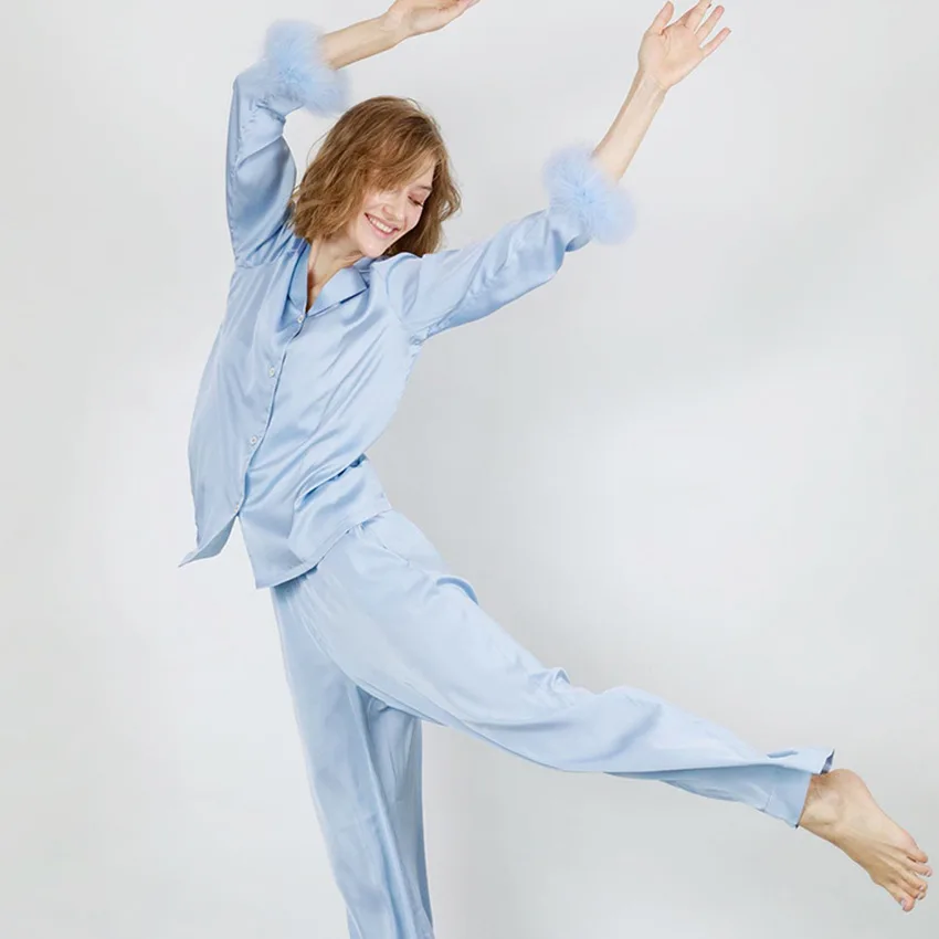 Blue Color Silky Satin Soft Comforatble Women Pajamas Feather Pajama Set Long Sleeve Spring Autumn Sleepwear Nightwear