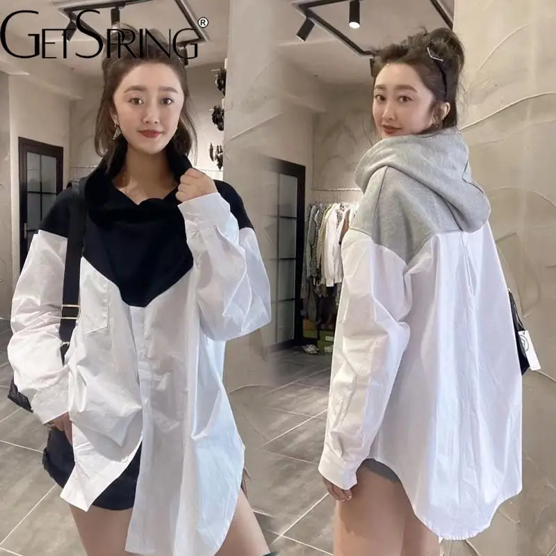 

GetSpring Women Shirt Hooded Sweater Splicing Irregular Female Blouse Full Sleeve Loose Leisure Long Ladies Tops Autumn 2022 New
