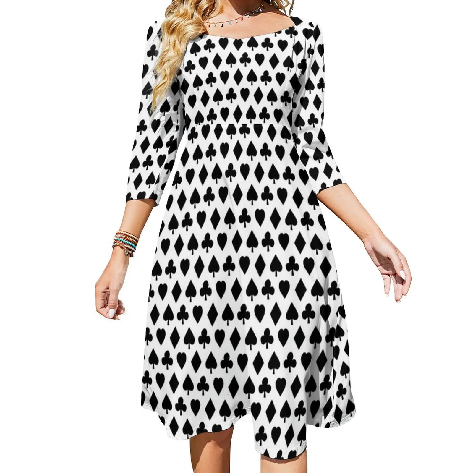 

Poker Suits Pattern Casual Dress Playing Cards Retro Dresses Sexy Square Collar Street Wear Pattern Dress Large Size