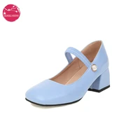 japanese sweet lolita med chunky heels square toe pearl elastic band strappy princess shoes plus size 34 48 white purple blue