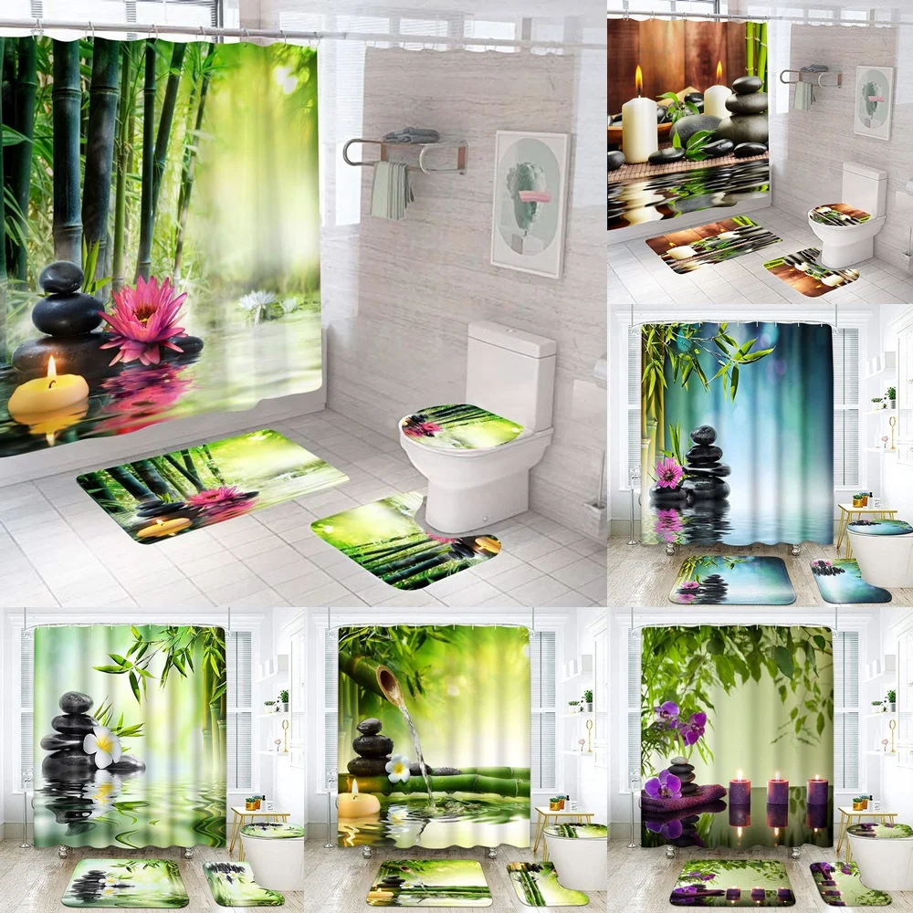 

Green Bamboo Black Zen Lake Stones Shower Curtain Set Non-Slip Rug Toilet Lid Cover Bath Mat Candle Lotus Bathroom Decor Curtain