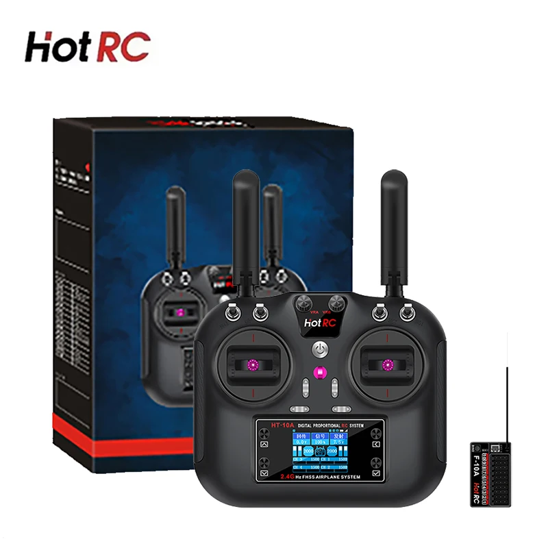 Фото HOTRC HT-10A 10CH 2,4 ГГц передатчик пульт дистанционного управления с приемником F-10A для радиоуправляемого самолета, лодки, дрона, игрушечного автомобиля №1