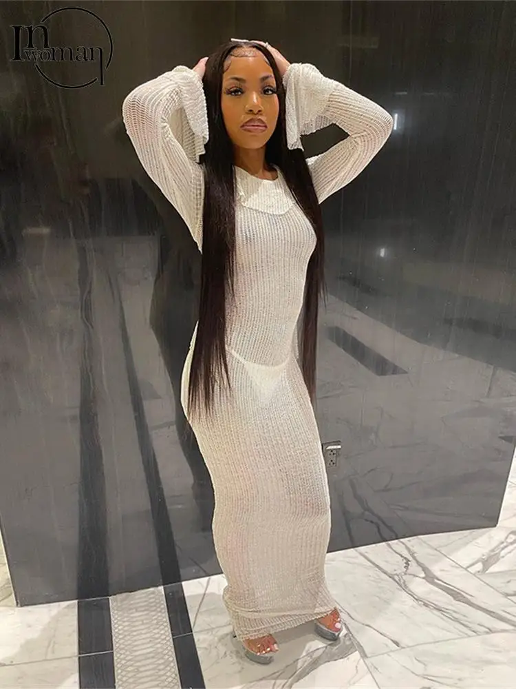 

Inwoman Summer Sexy Bodycon Dresses For Women 2022 Long Sleeve O Neck Bandage Dress Hollow Out White Black Party Dress Female