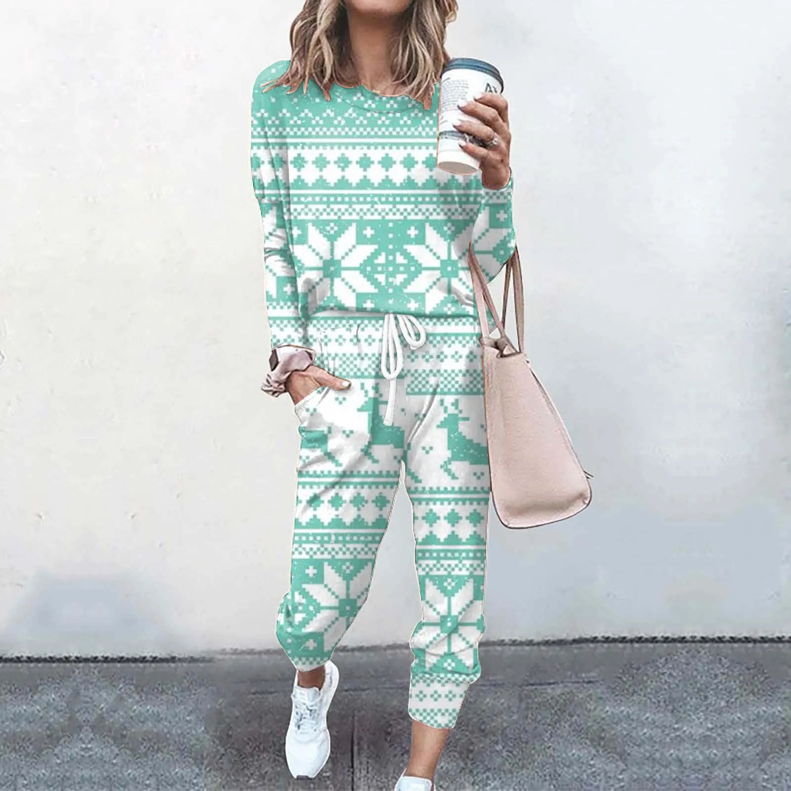 

Christmas Crew Neck Long Sleeve Printed Trousers Loose Hoodie Pant Two Piece Set Sexy Cocktail Dresses