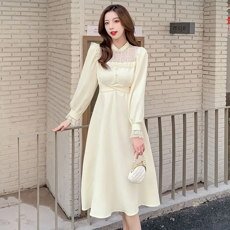 

2023 Long Dress For Women Plus Size Elegant French Lace Vintage Black Dresses Korean Fashion Puffer Sleeve Y2k Slim Midi Dress