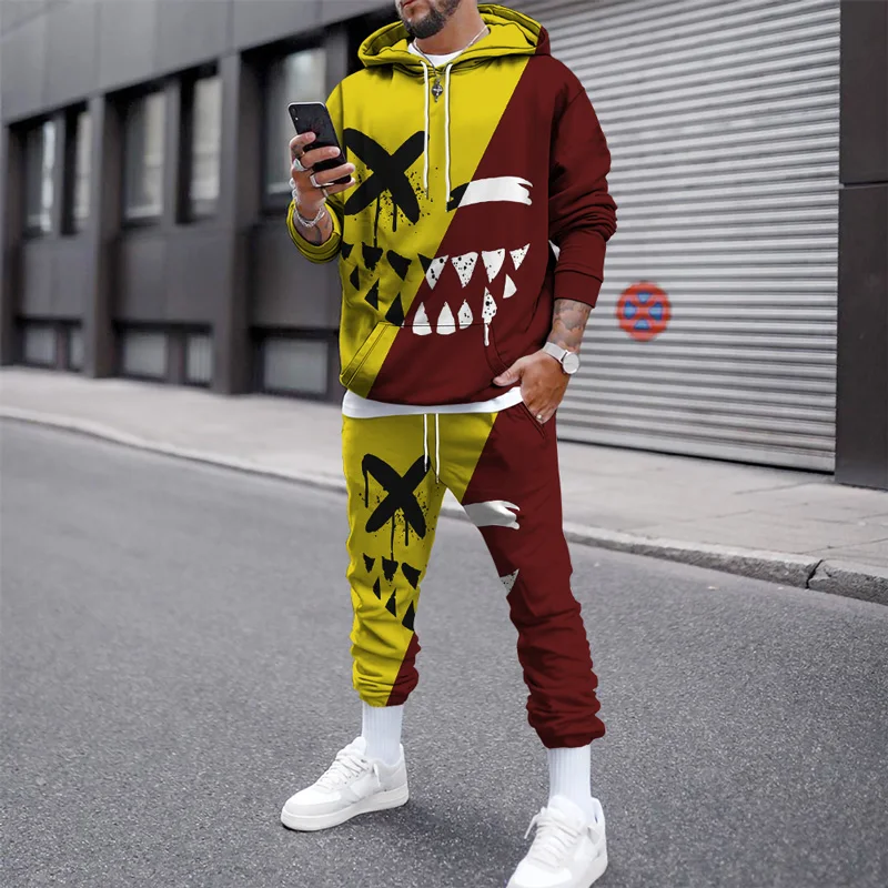 Cotton XX Smiley Face Printed Autumn and Winter Pullover Sweashirts Men Tracksuit Casual Hoodies Pants Set Men's Clothing Suit