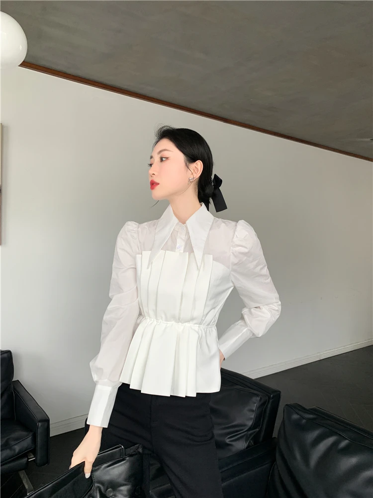 

ZCSMLL Fake 2 Piece Puff Sleeve Peplum Top White Designer Shirt For Women Long Sleeve Top And Blouse Korean Fashion Clothing