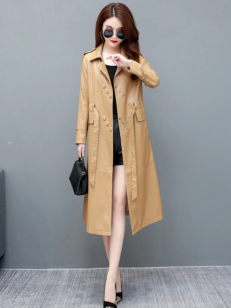 Women SheepSkin Long Trench Coat 2022 Spring Autumn Turn Down Collar Women Clothes Slim Fashion Full Sleeve Leather Belt Trench
