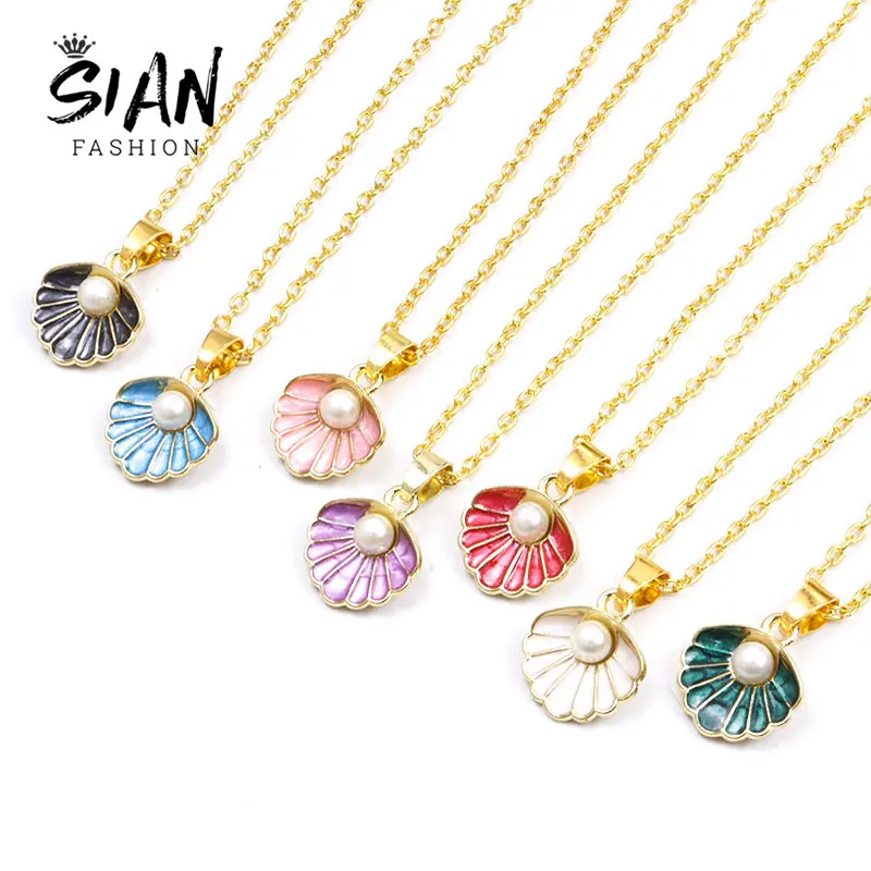 

SIAN Enamel Shell Pearl Pendant Necklaces Gold Color Plated Chain Necklace Sweet Girl Necklace Handmade Accessory Wholesale Gift