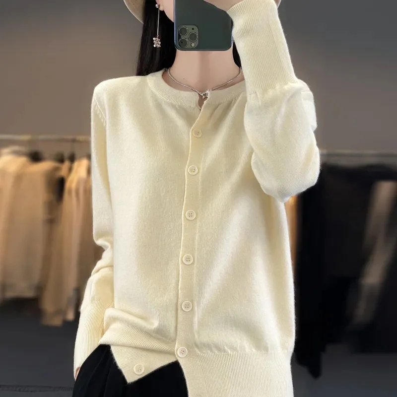 Женский однобортный Кардиган с круглым вырезом однотонный вязаный кашемировый