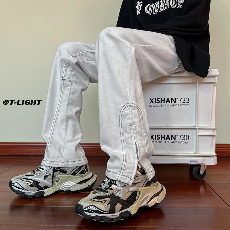 Black White Jeans Men Slim Fashion Casual Cotton Straight Jeans Men Streetwear Hip-hop Zipper Denim Pants Mens Trousers M-3XL