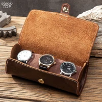 genuine leather watch storage box for three watch brown round buckle wristwatch bag case holder outdoors travel organizer boxes