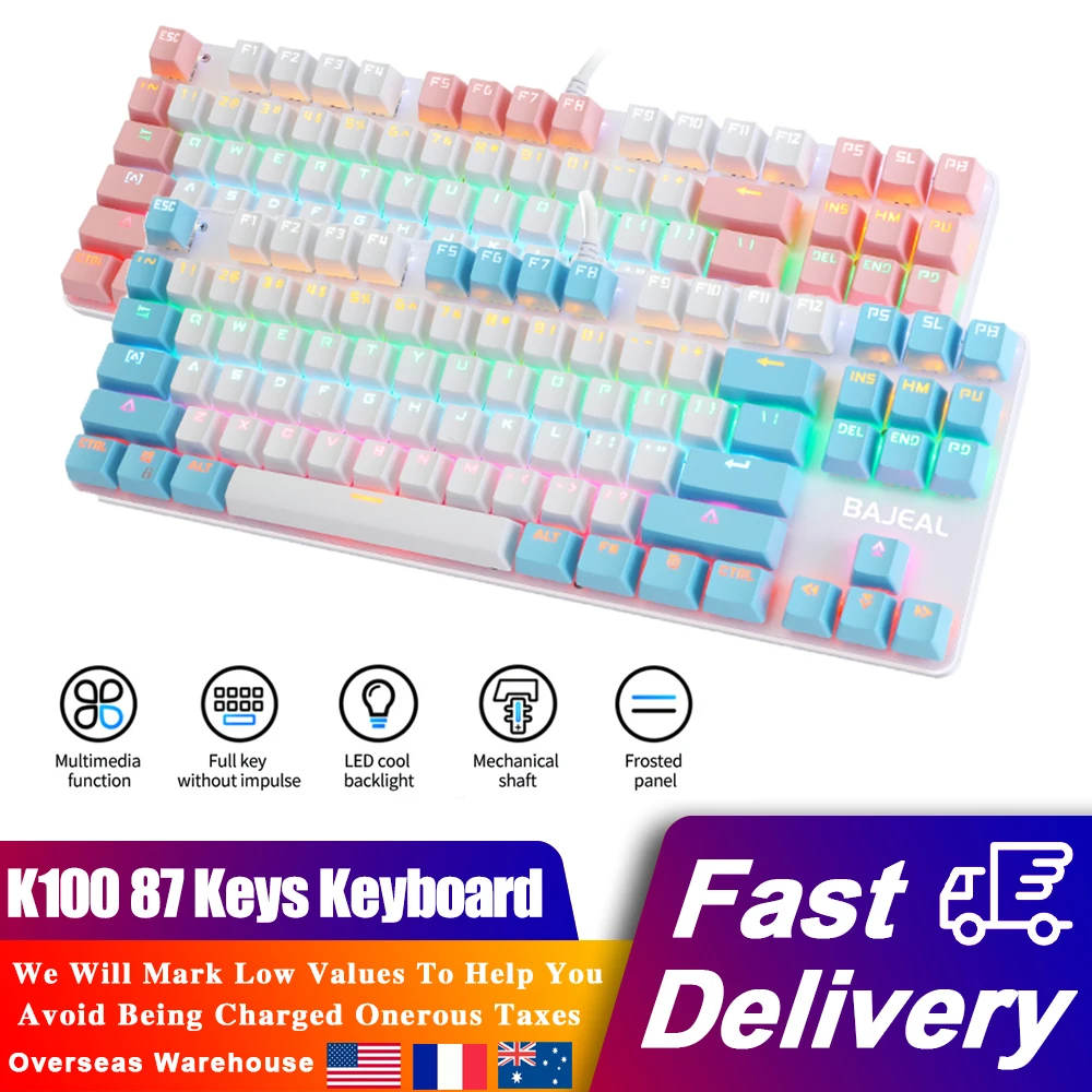 

87 Keys Gaming Mechanical Keyboard Blue Switch Green Shaft Keycap Backlit USB Wired Gamer Keypad For PC Laptop Desktop Computer