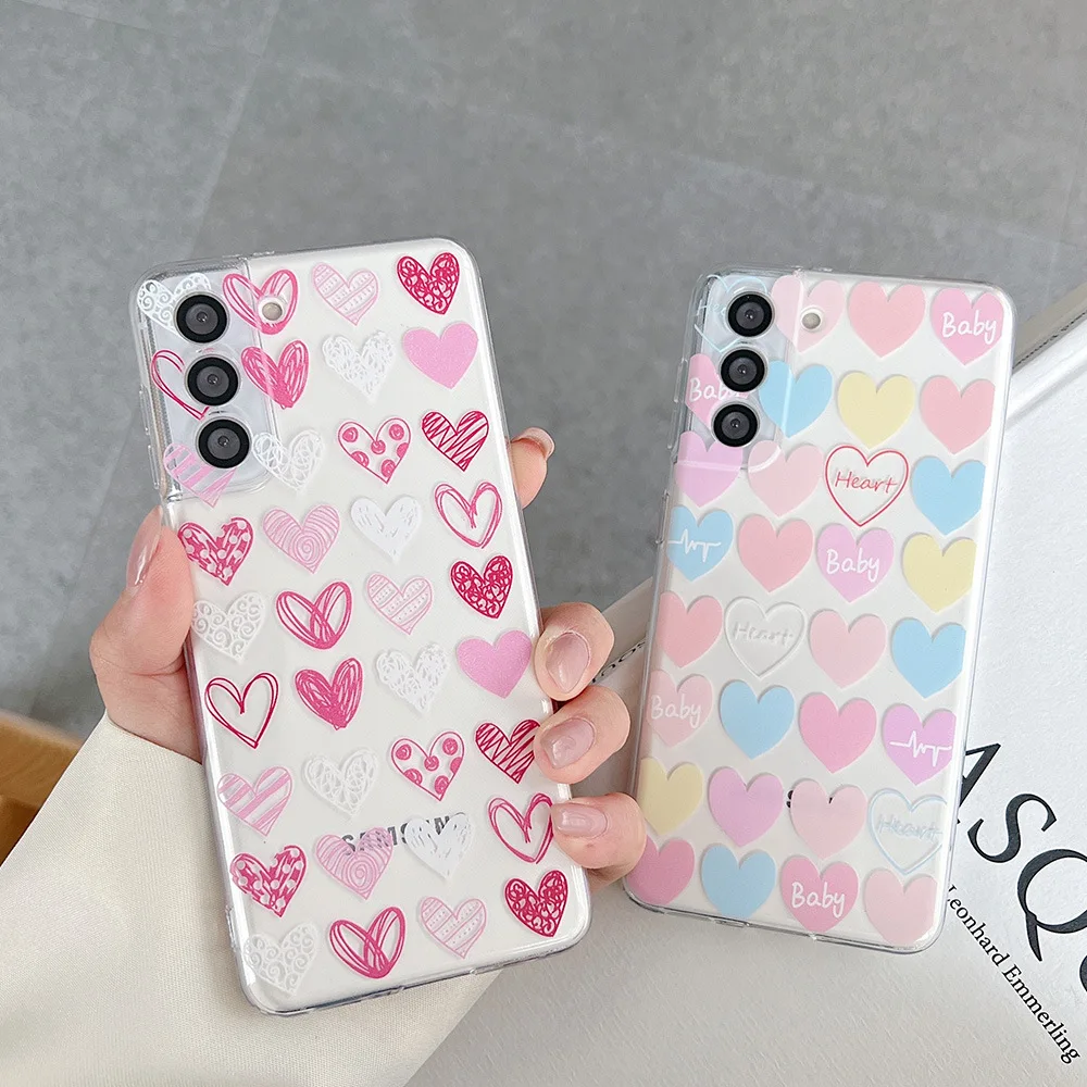 

Fashion Pink Heart Samsung Phone Case For Galaxy S22 S21 FE S20 Plus Ultra Note20 10 A22 A32 5G A71 4G Clear Silicone Soft Case
