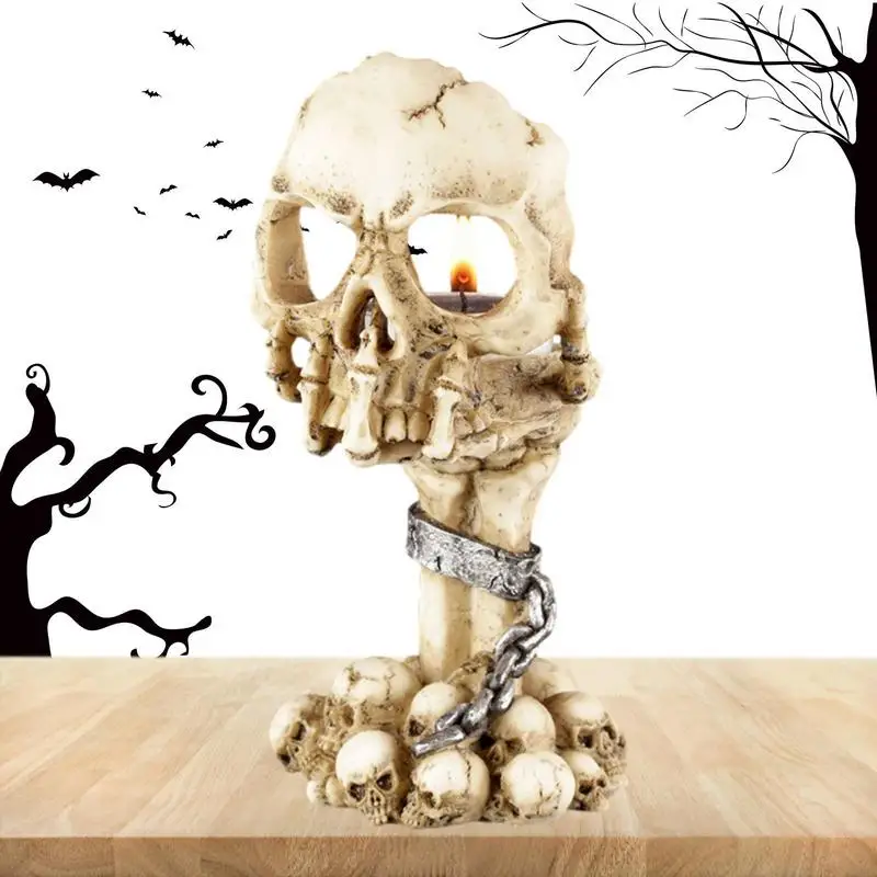 

Vintage Skeleton Candlestick With Chain Design Novelty Skull Bone Candle Holder Innovative Heat Resistant Halloween Decoration