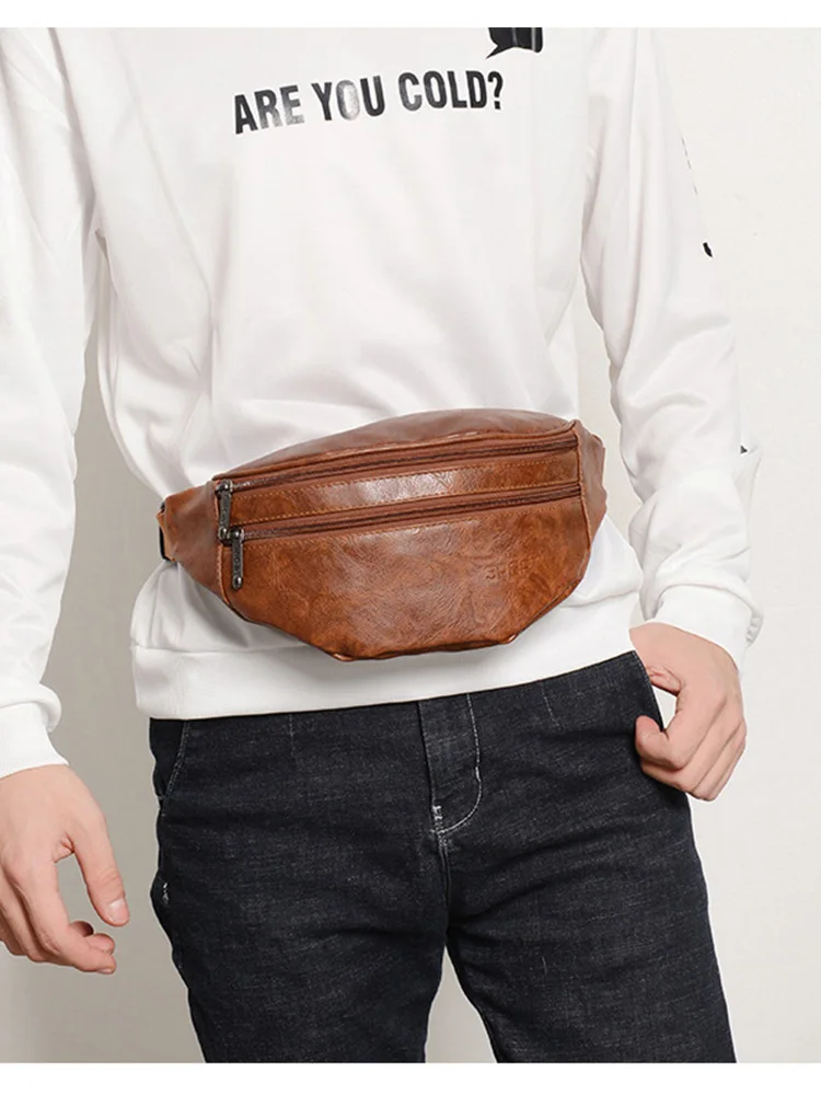 Leather Fanny Packs for Men and Women Fashion PU Workout Travel Waist Bag Adjustable Bel tSling Crossbody Zipper Chest Bag Purse