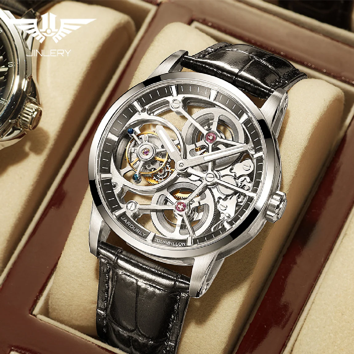

JINLERY Flying Tourbillon Watches Automatic Mechanical Watch for Men Skeleton Luxury Men Wristwatches Leather Strap Relogio Masc