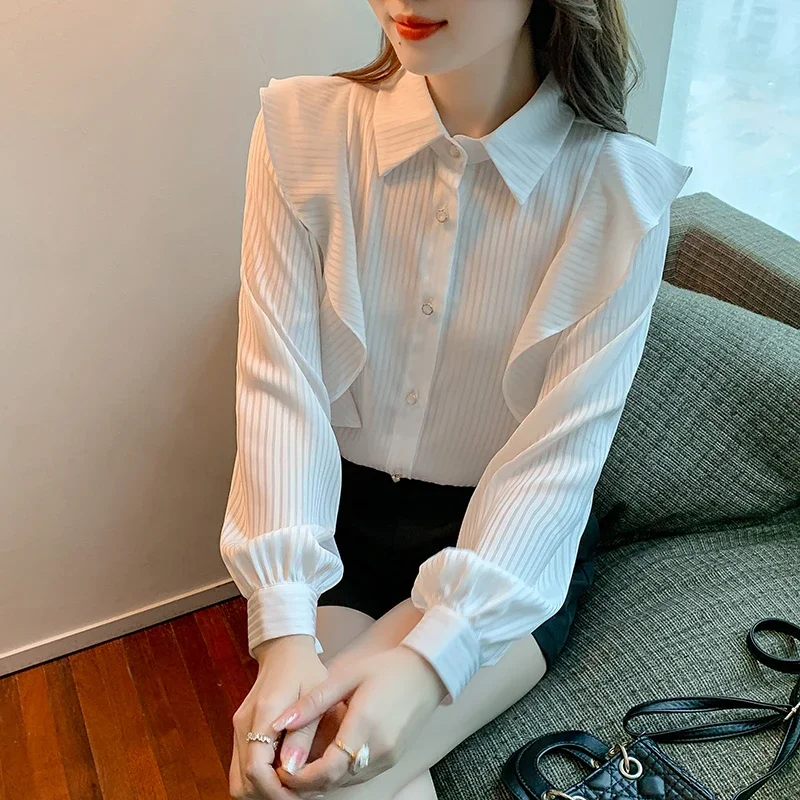 Новая женская рубашка с длинным рукавом и отложным воротником шифоновая блузка в