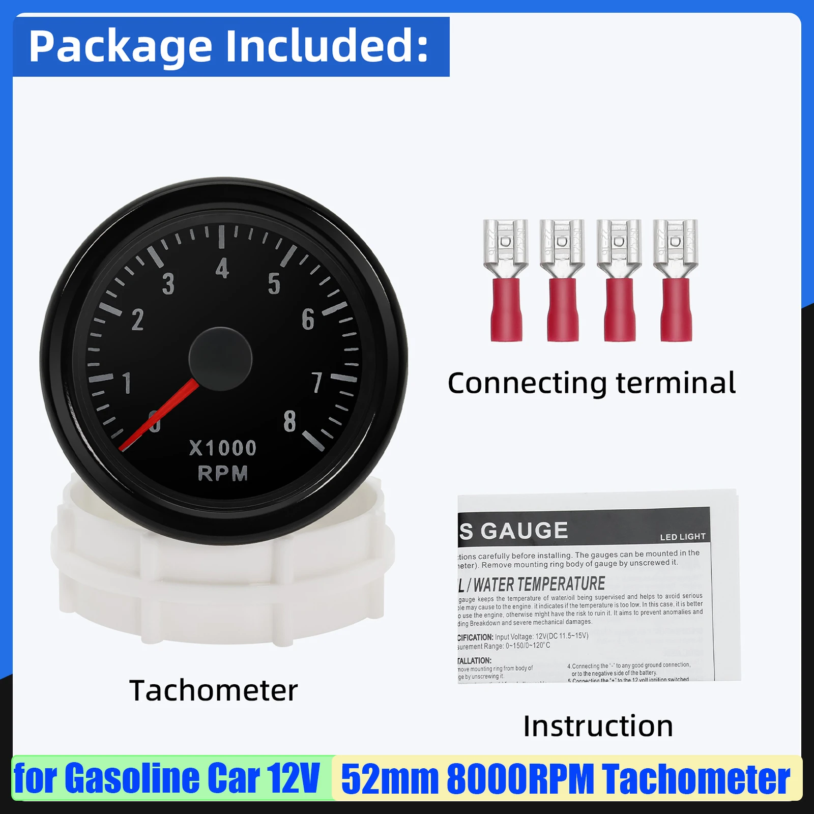 

Тахометр автомобильный 52 мм с белой подсветкой, 0-8000 об/мин, 12 В