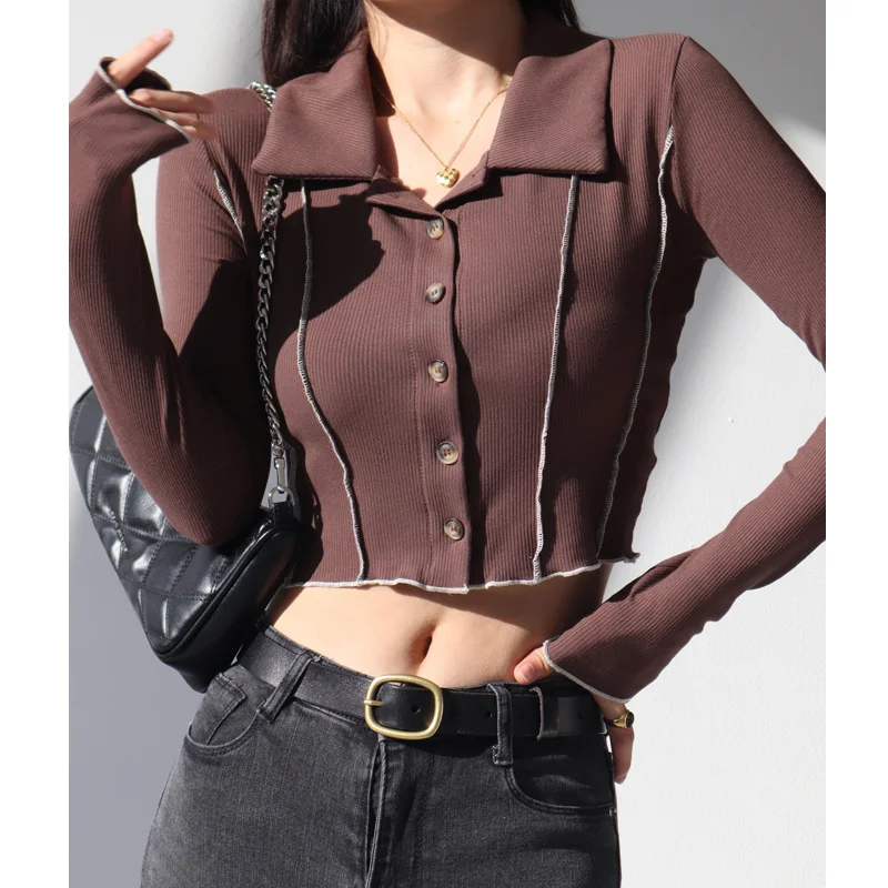 

Новинка 2022, женская футболка WOMEGAGA в стиле ретро с длинным рукавом и отворотом, Женский однобортный эластичный Топ с высокой талией, L6XI