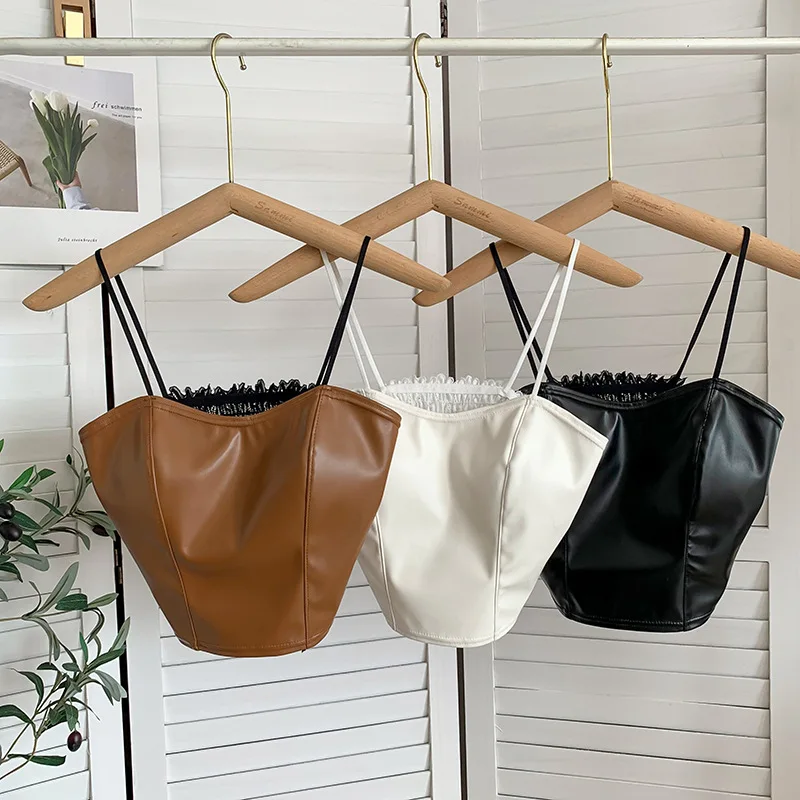 

Leather Pleated Vest with Suspenders Inside and Outside PU Leather Slimming Temperament Sleeveless Female Sexy Tank Tops Camis