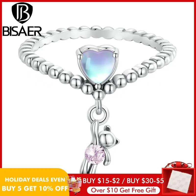 BISAER 925 Sterling Silver Little Bear Balloon Ring Heart Pink Zircon Link Rings For Women Party Original Fine Jewelry ECR886