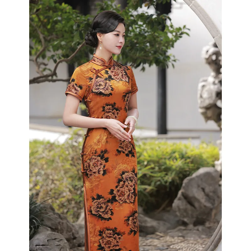 

Женское атласное платье-Ципао с цветочным принтом, длинным рукавом и воротником-стойкой