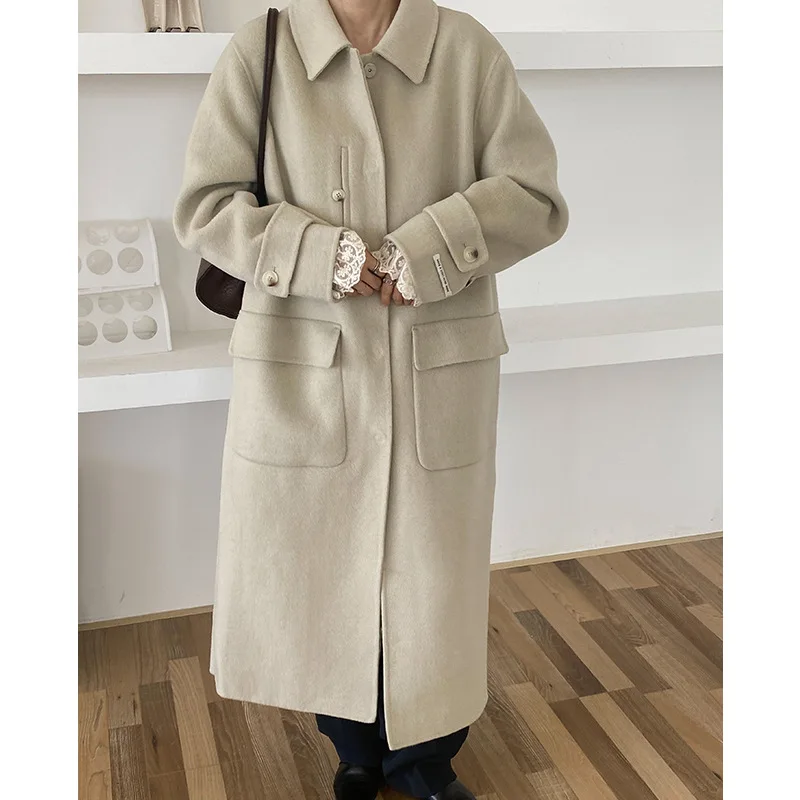 

2022 корейские студенческие пальто, женская одежда, куртка ручной работы, кашемировое пальто из 100% шерсти, женское длинное пальто с карманами,...