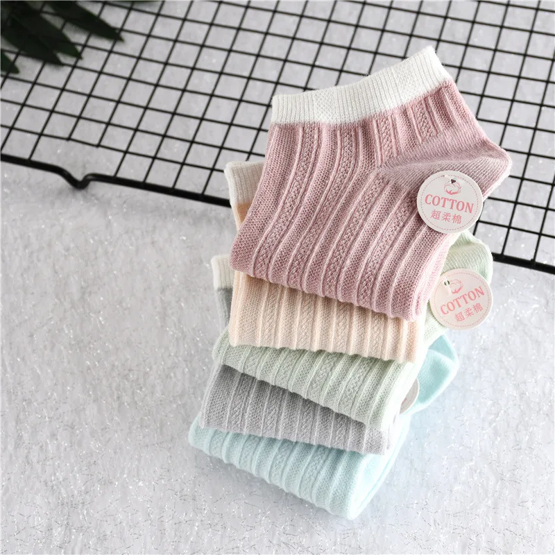 5pairs Women's Socks Summer Pure Color Cotton Breathable Stripes Ankle Socks Women's Double Needle Invisible Socks
