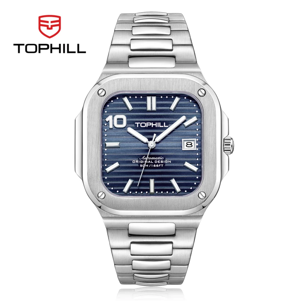 Фото Мужские автоматические часы TOPHILL 39 мм 9019 с ультратонким квадратным корпусом, водонепроницаемые, механические, 5 бар, дата на 3-й часовой стрелке, суперлюминесцентные, DS-1 TW089G №1