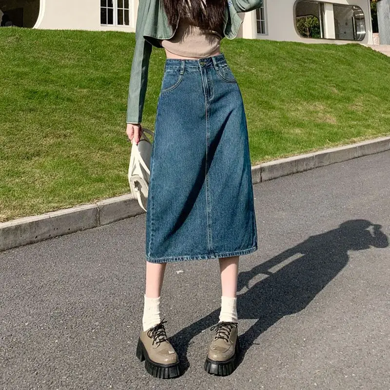 

Юбка женская джинсовая оверсайз, пикантная модная длинная из денима, с завышенной талией, в Корейском стиле, черная синяя, Q572, на весну-лето