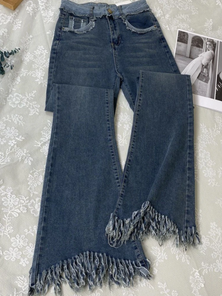 Расклешенные рваные джинсы женские Hotsweet с кисточками винтажный корейский стиль
